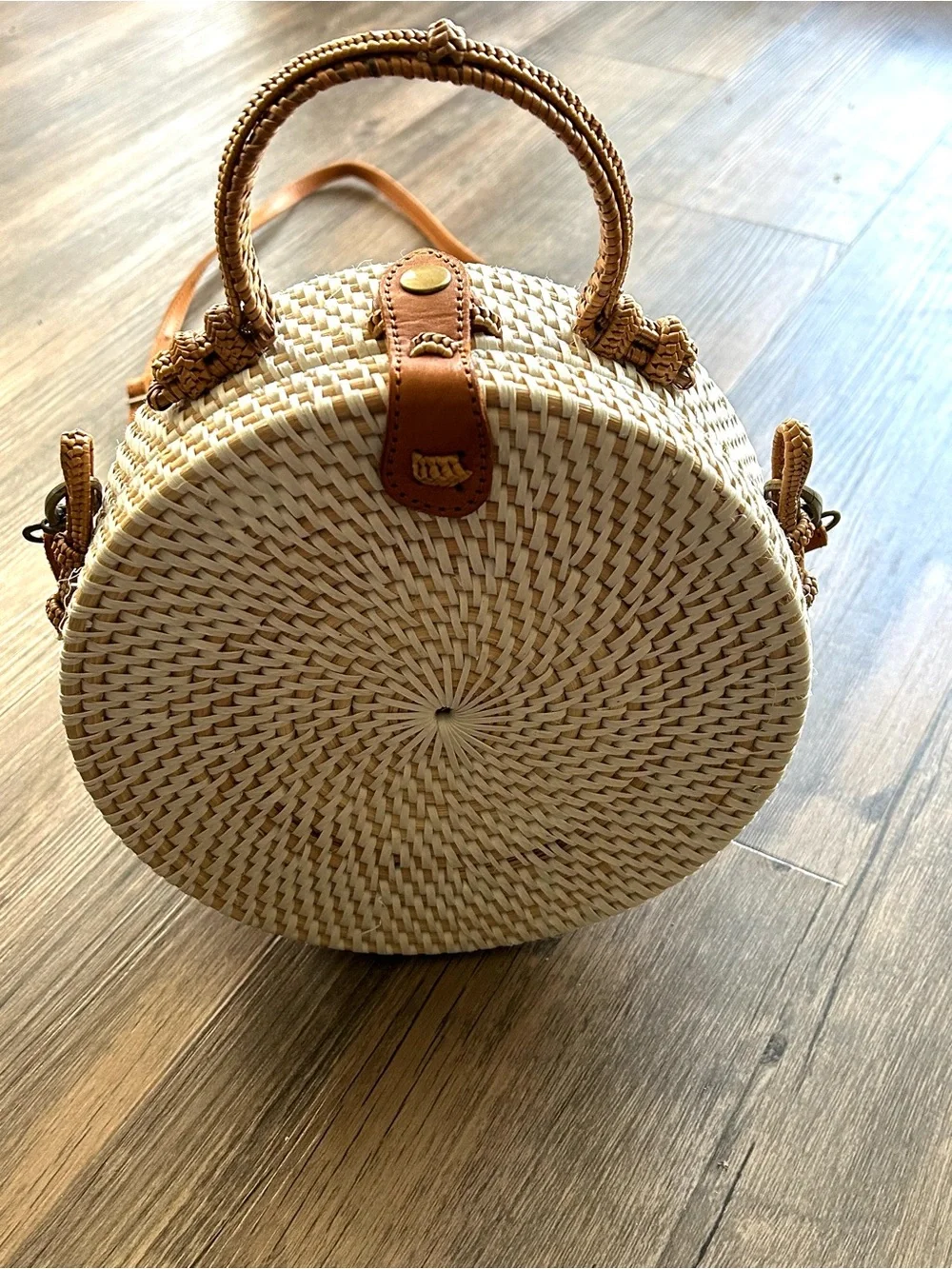 Round Woven Straw Crossbody Bag with Tan Trim - Picture 1 of 4